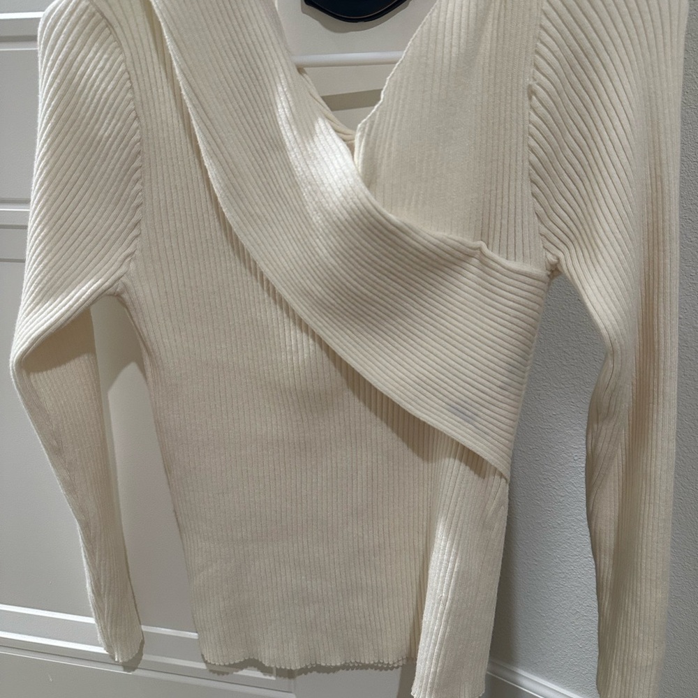 Ribbed Cream V-Neck Wrap Women's Sweater